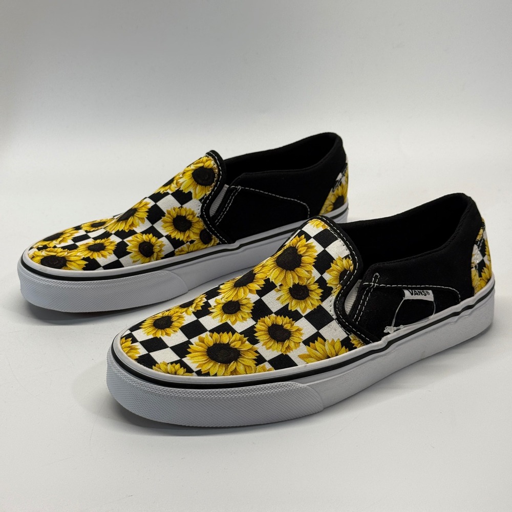 Vans Slip On Shoes Womens 7 Black Sunflower Checkerboard Skate Floral Y2K